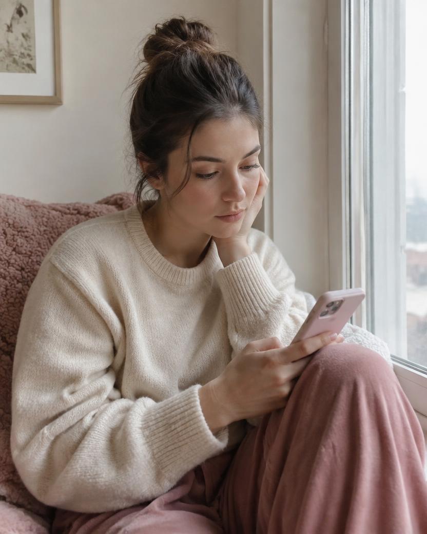 Mujer mirando su móvil en casa